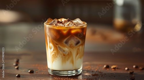 Glass of iced coffee with a milk and coffee swirl photo