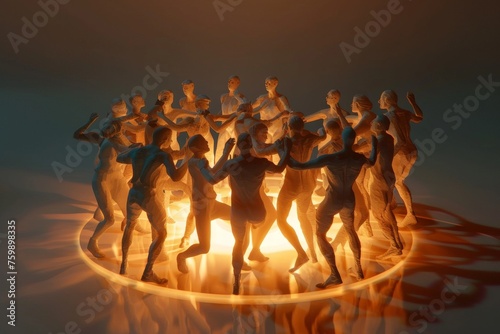 A 3D group of people dancing in a 3D circle.