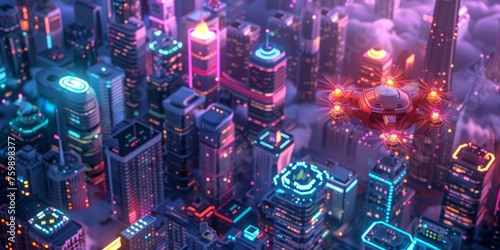 A 3D isometric scene of a futuristic, glowing cityscape at dusk, with cute, animated drones flying above