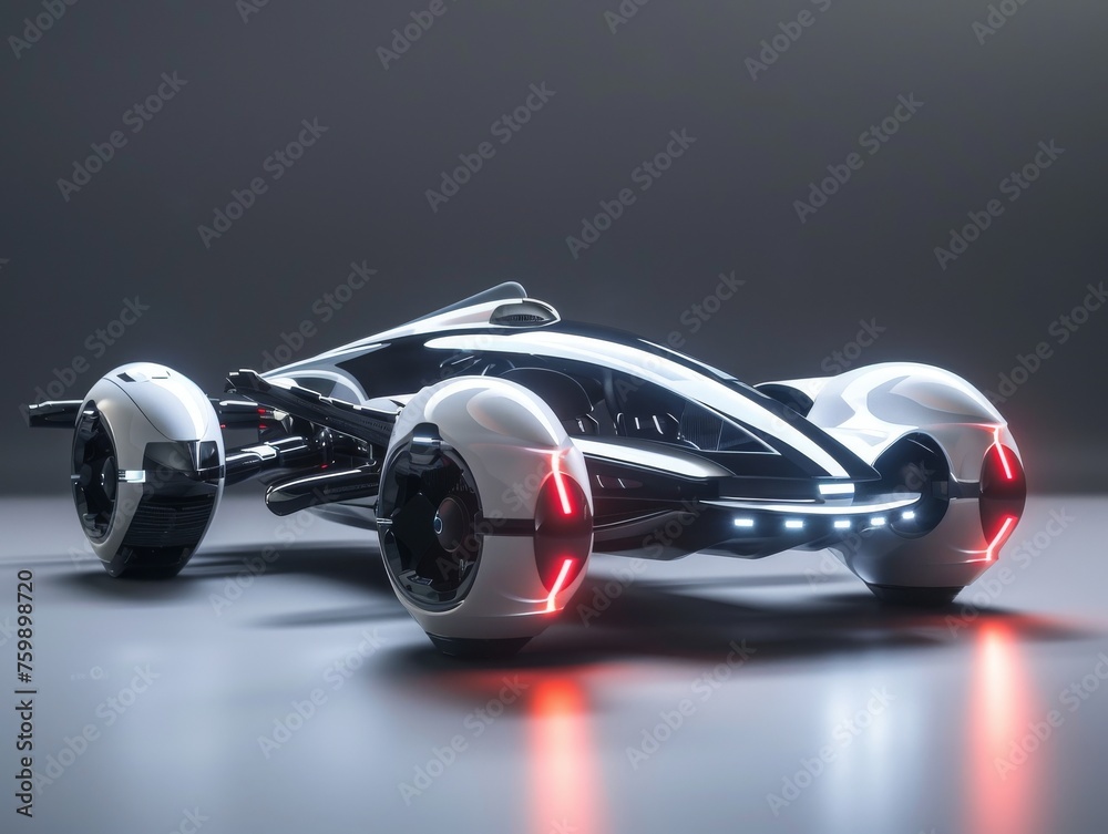A 3D model of a futuristic vehicle, combining elements of cars, planes, and drones for versatile transportation