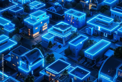 A 3D model of a future neon-lit residential area, with smart homes glowing in synchronized light patterns