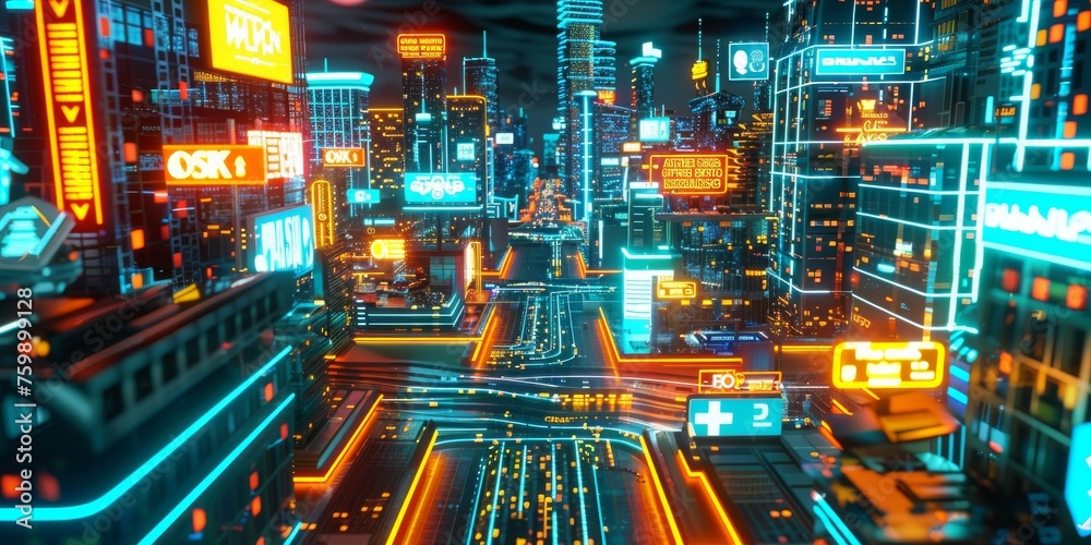 A 3D neon model of a bustling business district, with glowing digital billboards and animated stock tickers