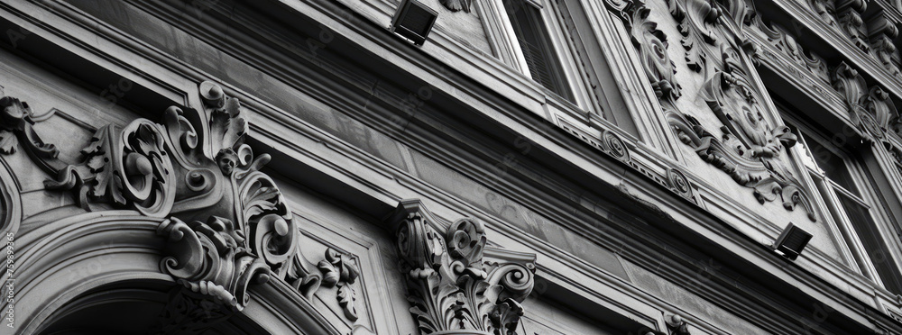 Produce a series of black and white photos highlighting the intricate details of historical building facades, film stock - obrazy, fototapety, plakaty 