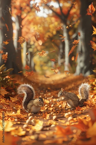 A 3D park in autumn  with cute  plump squirrels wearing tiny boots  collecting acorns and playing in the fallen leaves
