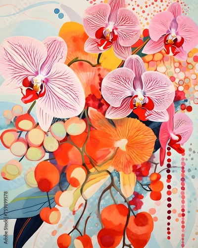 .**orchids illustration, 2D, flat, paper collage, pattern, texture, contrasting, patchwork, prints, bohemian, folk art, vibrant colors, in the style inspired by Claire Desjardins, and 
