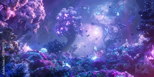 A 3D rendering of a planetary garden with mythical creatures and plants that glow under the light of a nebula