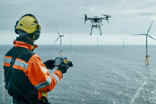 Operator of offshore oil and gas industry looking at a drone flying over offshore wind turbines. 