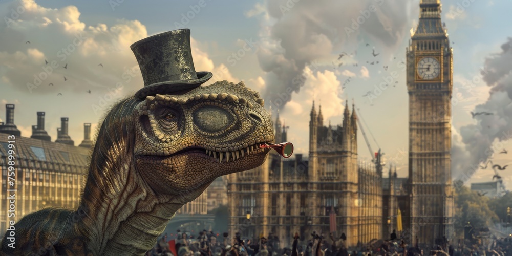Fototapeta premium A Brontosaurus in Victorian England, wearing a top hat and monocle, strolling through London's streets as a gentle giant