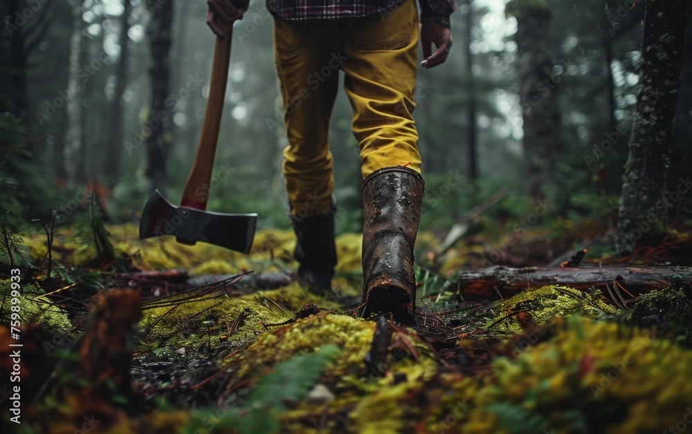 A Canadian lumberjack spirit in the misty forests of Quebec, axe in hand, his footprints left in the dewy moss - obrazy, fototapety, plakaty 