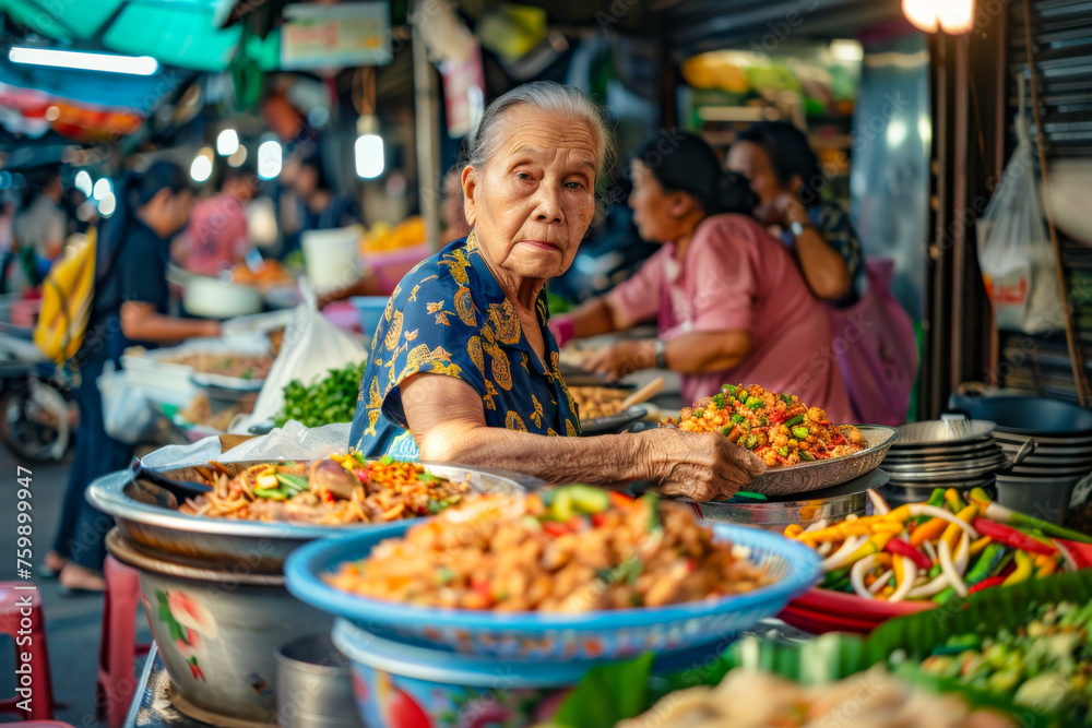 Thai old woman selling food at the street food market.

