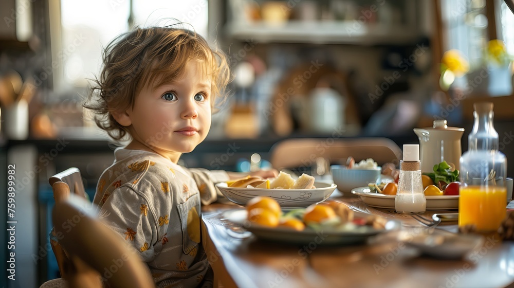 A little boy having a breakfast in a kitchen in the morning