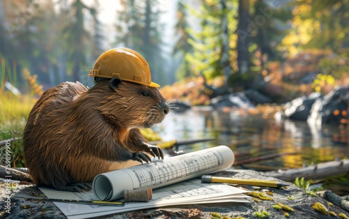 A beaver architect designing dam blueprints, with a hard hat and ruler, beside a river photo