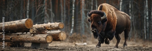 A bison lifting logs  showing off strength  in a woodland clearing