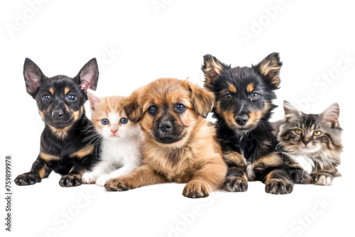 Group of Happy dogs and cats that looking at the camera together isolated on transparent background  Row of friendship between dog and cat  amazing friendliness of the pets.