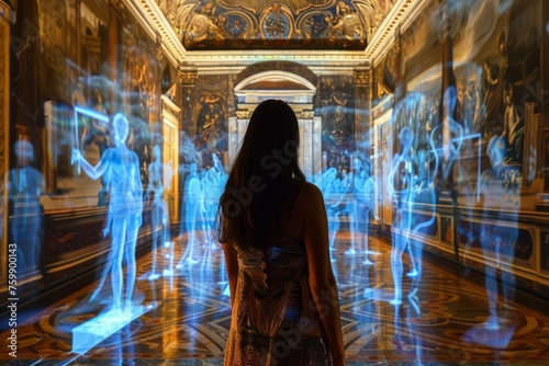A digital art gallery where visitors explore holographic reproductions of famous artworks, experiencing them in 3D photo