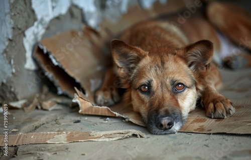 A desolate stray dog with haunting eyes, lying on a tattered cardboard, its spirit seemingly broken