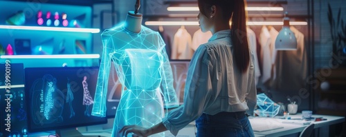 A fashion designer creating a new collection with a holographic fabric draping tool, experimenting with styles and colors