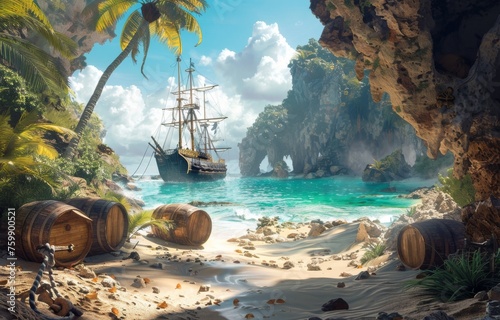 A hidden pirate cove with treasure chests, rum barrels, and old ships anchored, under a tropical sun