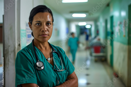 Portrait of confident nurse standing with arms crossed in corridor at hospital 