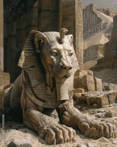 A sphinx posing riddles at the gate of a desert tomb  her enigmatic expression unchanged for millennia