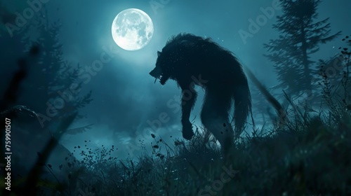 A werewolf transforming in a forest clearing, its silhouette agonizingly changing under the full moon's eerie glow © Shutter2U