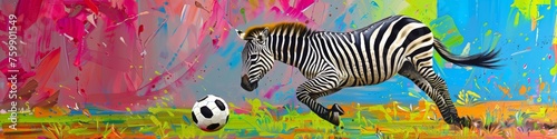 A zebra playing soccer  skillfully dribbling a ball  on a vibrant field