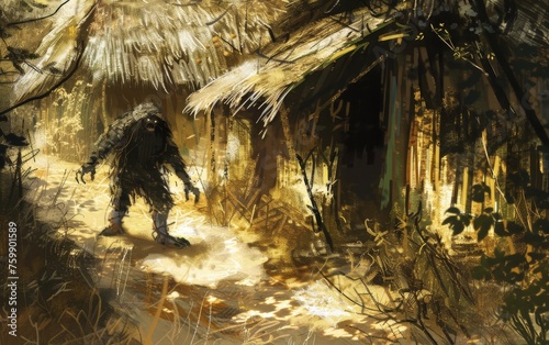 An African Tokoloshe, causing mischief in a village, its small, impish form barely seen in the shadows of the huts