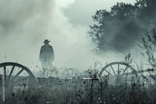 An American Civil War ghost in a tattered uniform, wandering through a foggy battlefield, with cannons silent and eerie