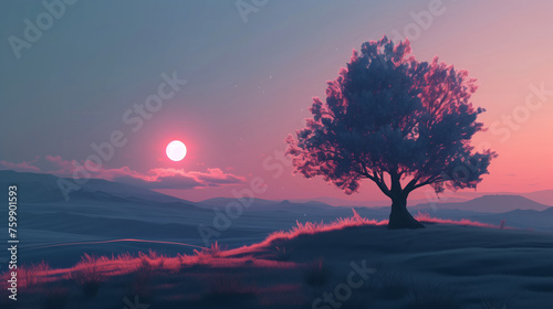A single tree on a small hill. amidst the sunset, illustration