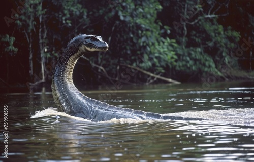 An African Mokele-Mbembe in the Congo River basin, its dinosaur-like form causing waves in the quiet jungle river