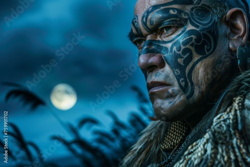 An ancient Maori warrior spirit in New Zealand, seen at sacred sites, his tattoos glowing in the moonlight