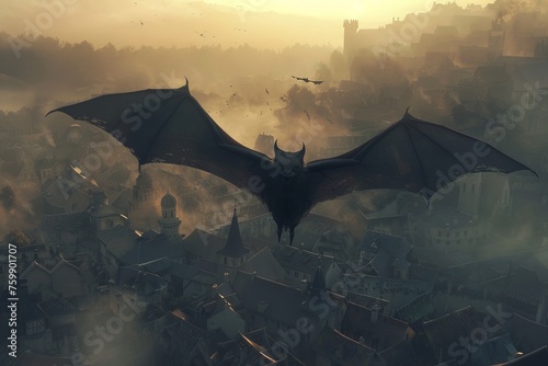 An ancient vampire bat, its wings spread wide, casting a terrifying shadow over a medieval village at dusk photo