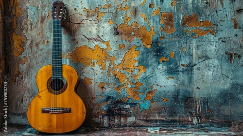 Acoustic guitar resting by a rustic grunge surface photo