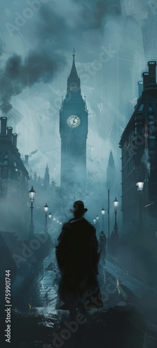 An atmospheric depiction of a misty London night, with the ominous figure of Jack the Ripper blending into the foggy background
