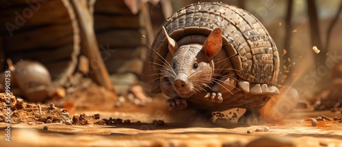An armadillo curling into a ball and rolling through an obstacle course race photo