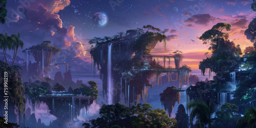 Eden Park as a floating island paradise, with cascading waterfalls and exotic, luminescent plants, under a twilight sky
