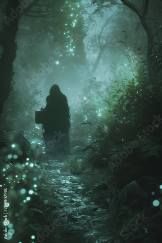 Djinn appearing from a dark gift box in an enchanted forest, with bioluminescent plants and a glowing, foggy path