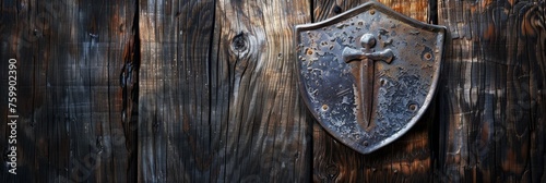 Grey metal shield on dark wooden background. Wide photorealistic banner with copy space. Security, protection, medieval and smithy concept.