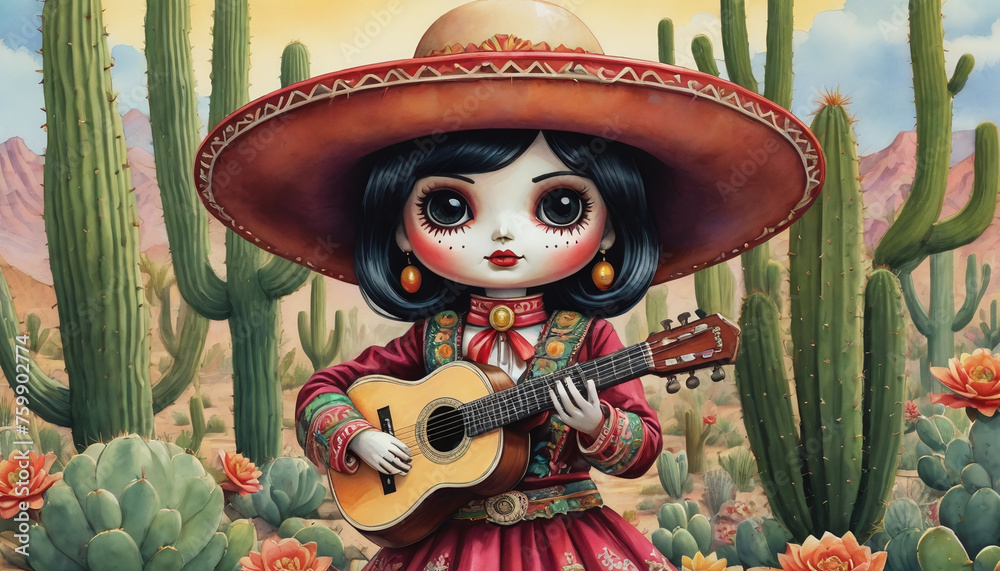 Illustration Of Mariachi Doll Among Cacti