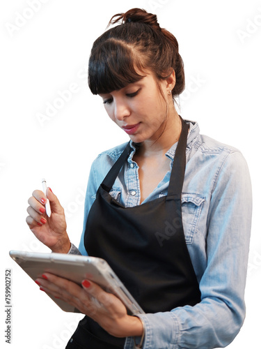 Smiling Caucasian Young barista woman is wearing apron and writing online order and menu for customers
