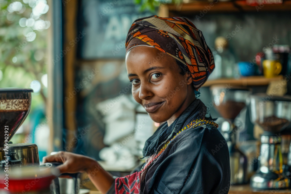 Coffee shop, Portrait of a young African woman in traditional clothes.

