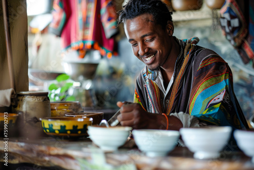 Young man making tea in a traditional way at a coffee shop. photo