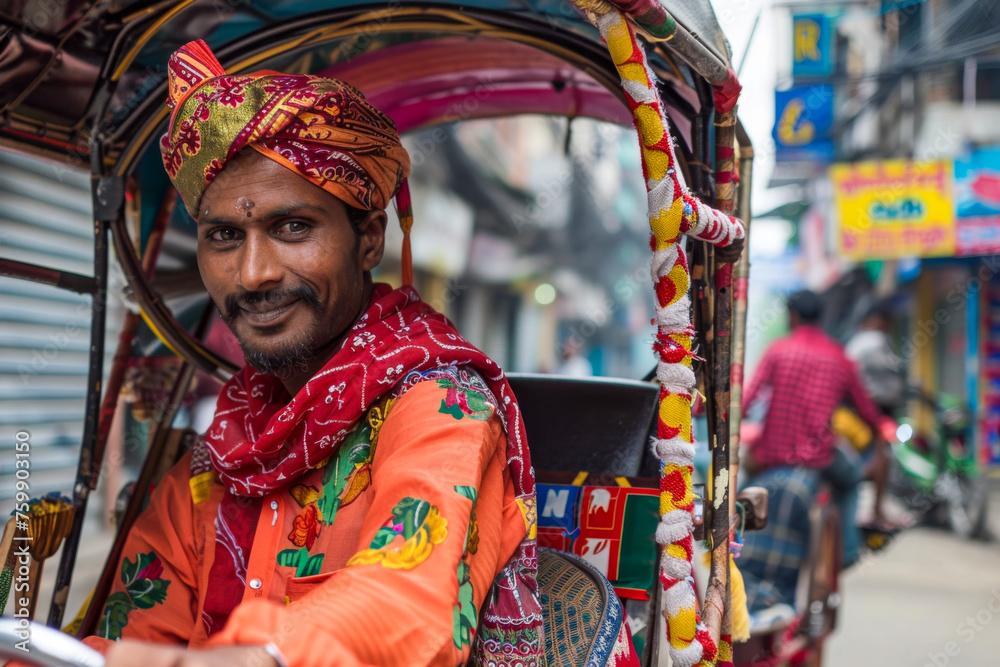 Indian man riding a rickshaw at the street in the morning