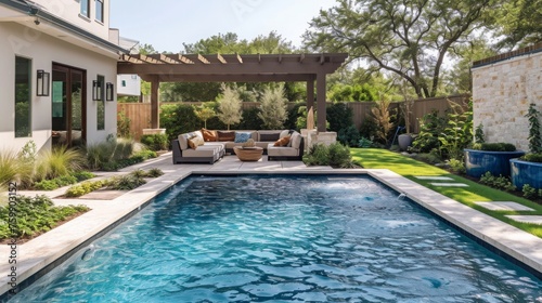 A tranquil backyard oasis with a sparkling swimming pool lush landscaping and a comfortable seating area under a pergola. The setting is perfect for relaxation and entertaining. © Beenish
