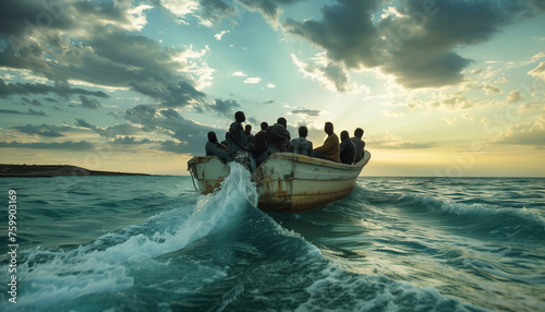 African refugees departing in old wooden boat overloaded motor vessel heading in open sea near Africa coast for better life. SOS, war refugees and social or mental poverty issues concept image photo
