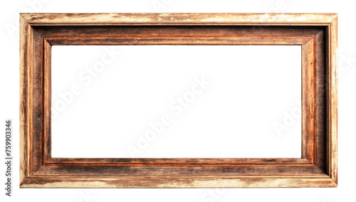 Old brown wooden wide frame on a white and transparent background. PNG.