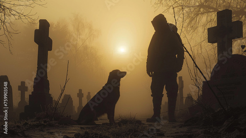 Foggy morning, soldier and dog by graves, silhouette, backlit, wide shot, somber mood.