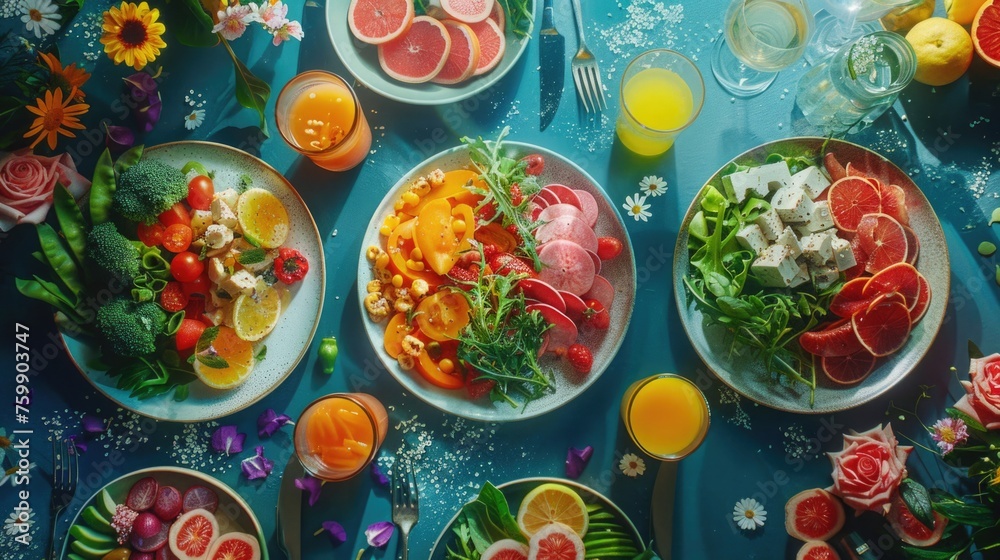 An artistically presented meal on a table that changes its color based on the food's nutritional profile, blending art with nutrition. rainbow food diet. An artistically presented meal on a table that changes its color based on the food's nutritional profile, blending art with nutrition. rainbow food diet.