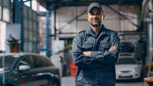 Man stands confidently wearing a professional mechanics uniform in front of a car, cut out