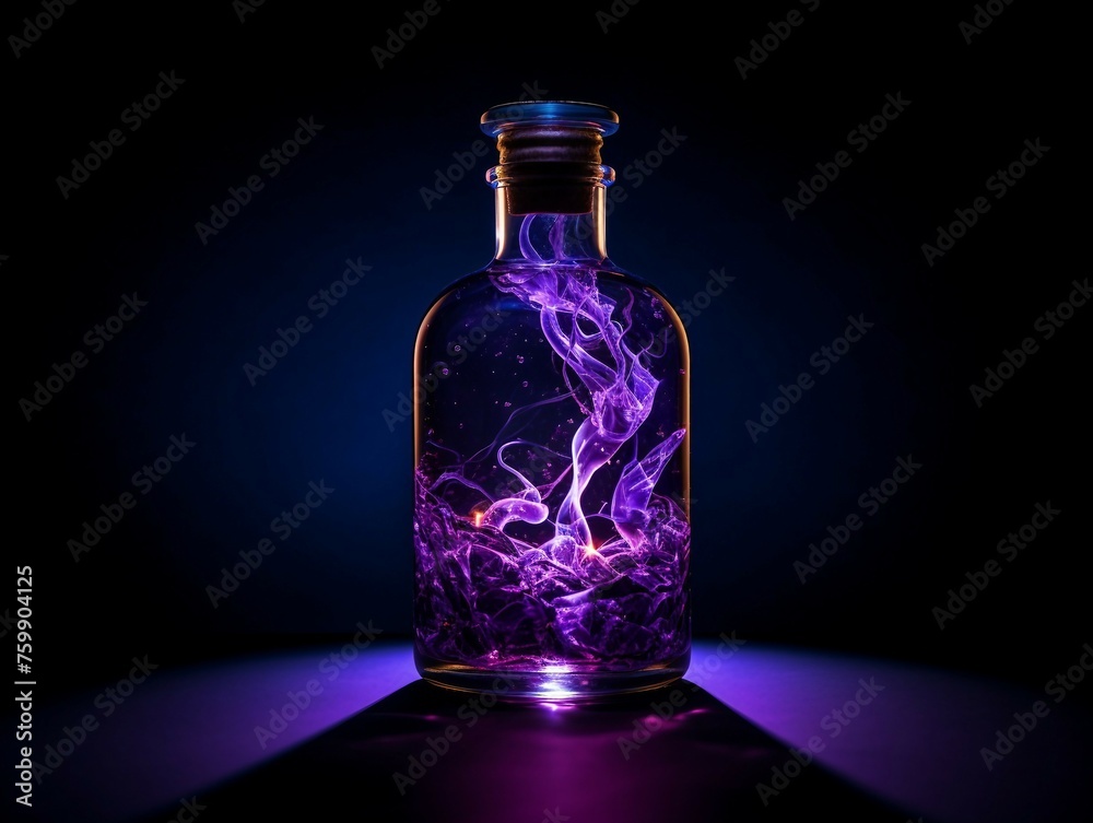 Colorful magic potion in bottle on dark background. Halloween concept.
